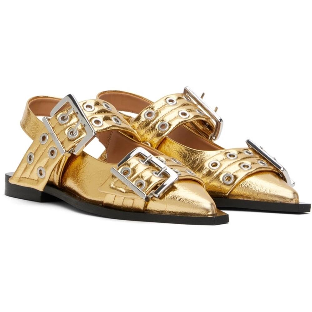 Ganni Gold Feminine Chunky buckle Ballerina Flats size 10